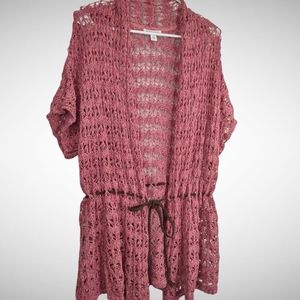 St John's Bay crochet open front cardigan pink & multicolor, size PXL